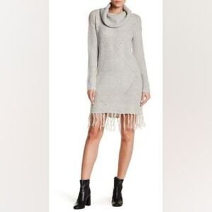 New Supersoft Cowl Neck Fringe Grey Sweater Dress